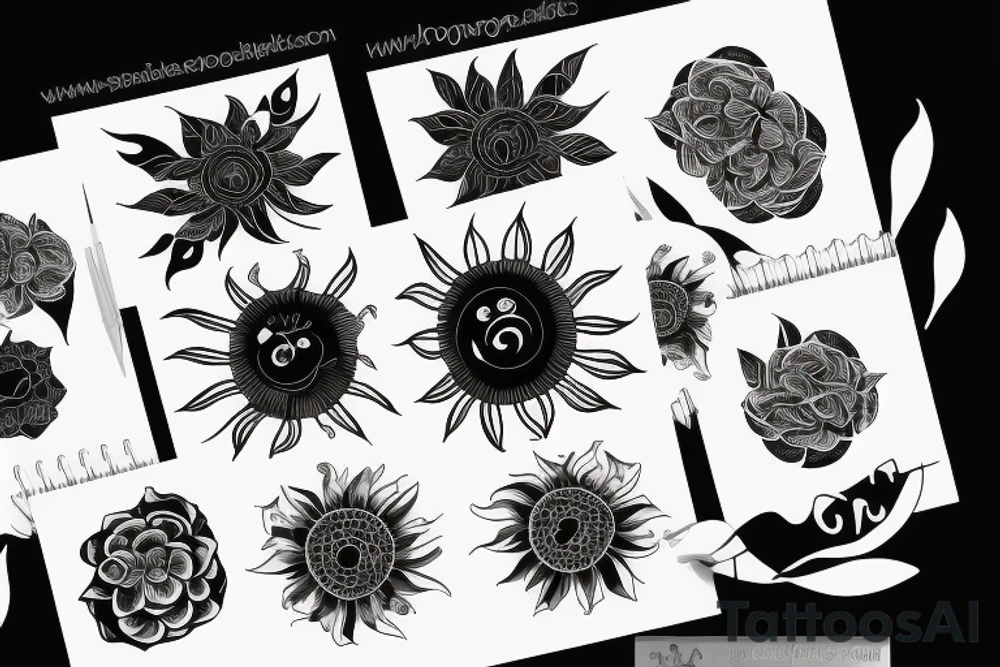 Black sun radiating in flower petals with hope in centre tattoo idea