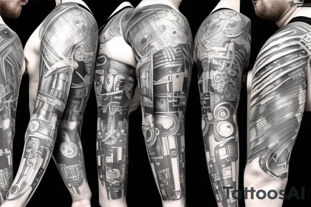 cyberpunk sleeve, prosthetic arm, with serial number tattoo idea