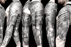 cyberpunk sleeve, prosthetic arm, with serial number tattoo idea