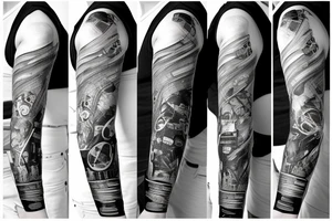 cyberpunk sleeve, prosthetic arm, with serial number tattoo idea