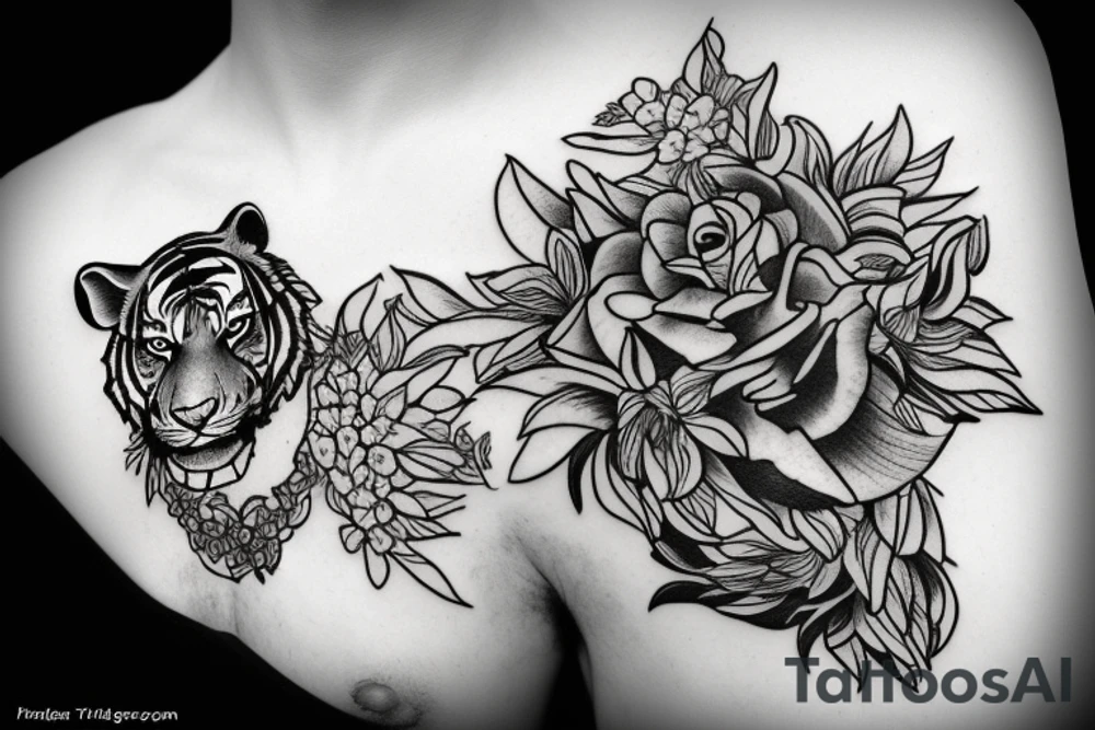 Tiger with flowers flowing around it tattoo idea Tiger with flowers flowing around it tattoo idea