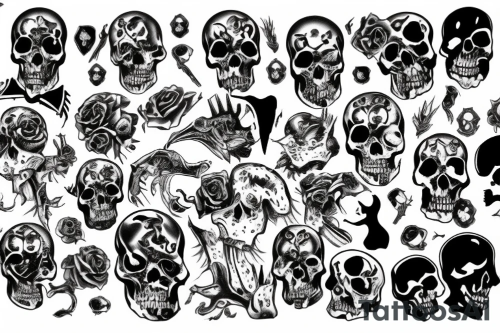 A dark mysterious man standing on a pile of skulls tattoo idea