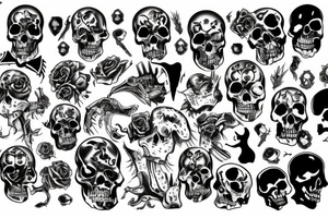 A dark mysterious man standing on a pile of skulls tattoo idea