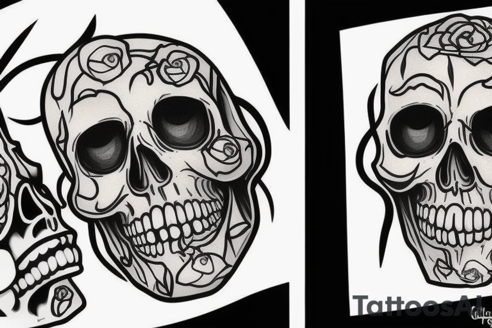two face one is chill with closed eyes the other one is a skull and is unsticking form the first one tattoo idea