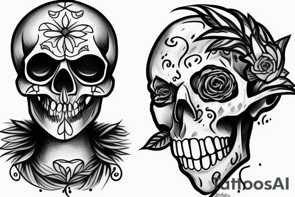 two face one is chill with closed eyes the other one is a skull and is unsticking form the first one tattoo idea