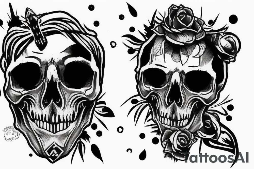 a skull face getting unsticked from the other face tattoo idea