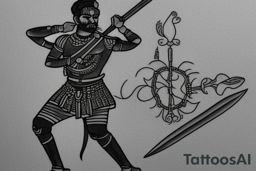 Sri lankan ancient war hero. He is trying to pull out his sward. He has a clothy hat on his head. tattoo idea