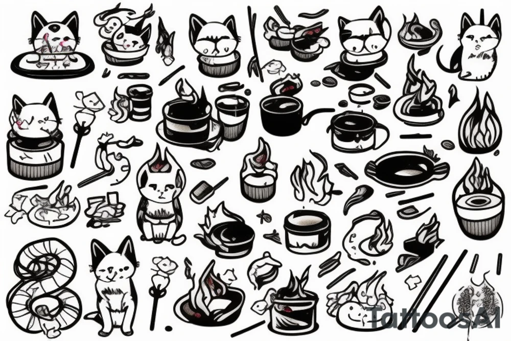 Cat roasting marshmallows over a fire tattoo idea