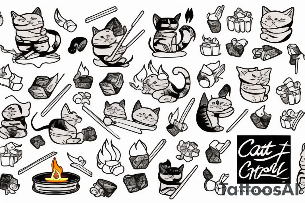Cat roasting marshmallows over a fire tattoo idea