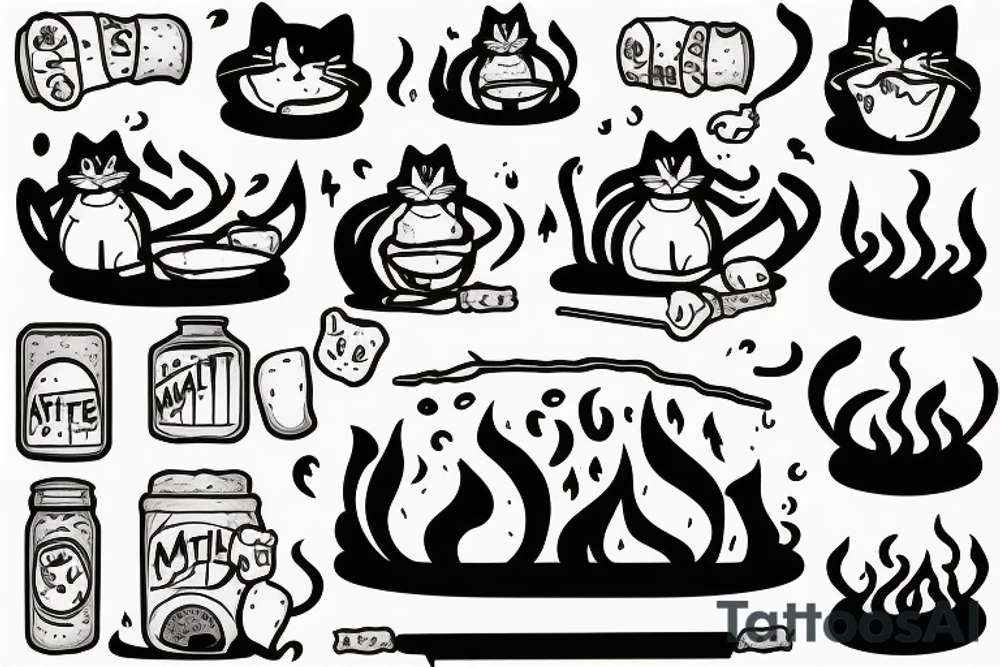 Cat roasting marshmallows over a fire tattoo idea