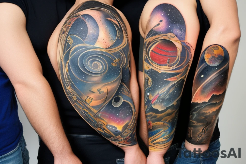 father and son against the backdrop of time, the universe tattoo idea