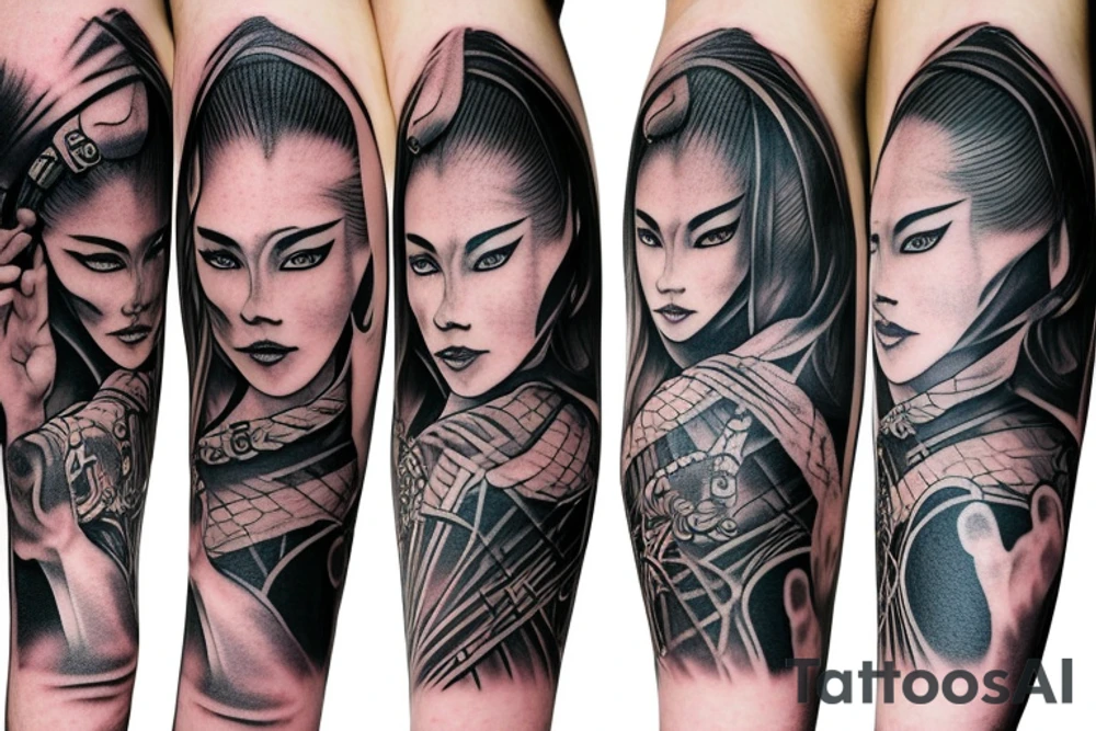 Samurai walking away arm sleeve tattoo idea