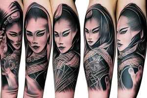 Samurai walking away arm sleeve tattoo idea