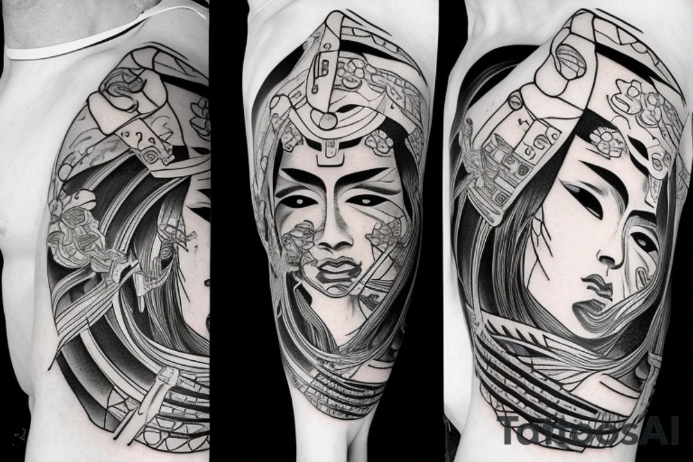 Samurai walking away arm sleeve tattoo idea