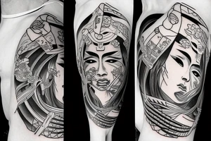 Samurai walking away arm sleeve tattoo idea
