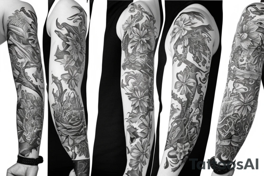 Sleeve With Floral , Scorpion and a two flowers coming out of the stinger tattoo idea