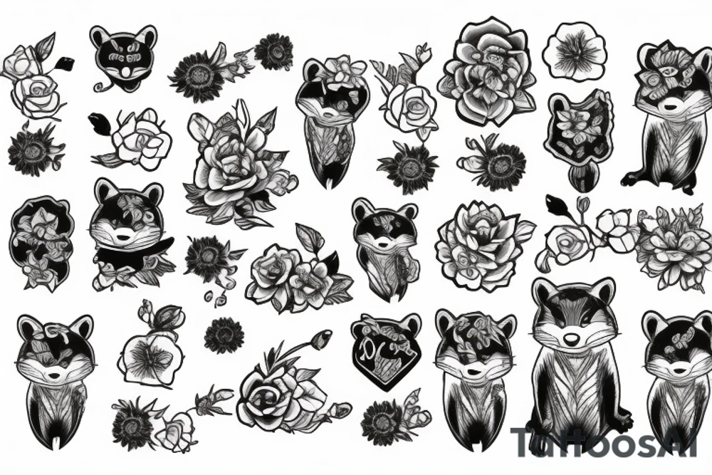 Flash racoon with flowers tattoo idea