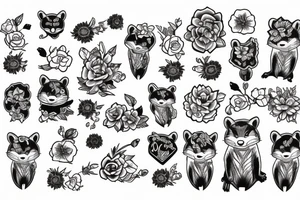 Flash racoon with flowers tattoo idea