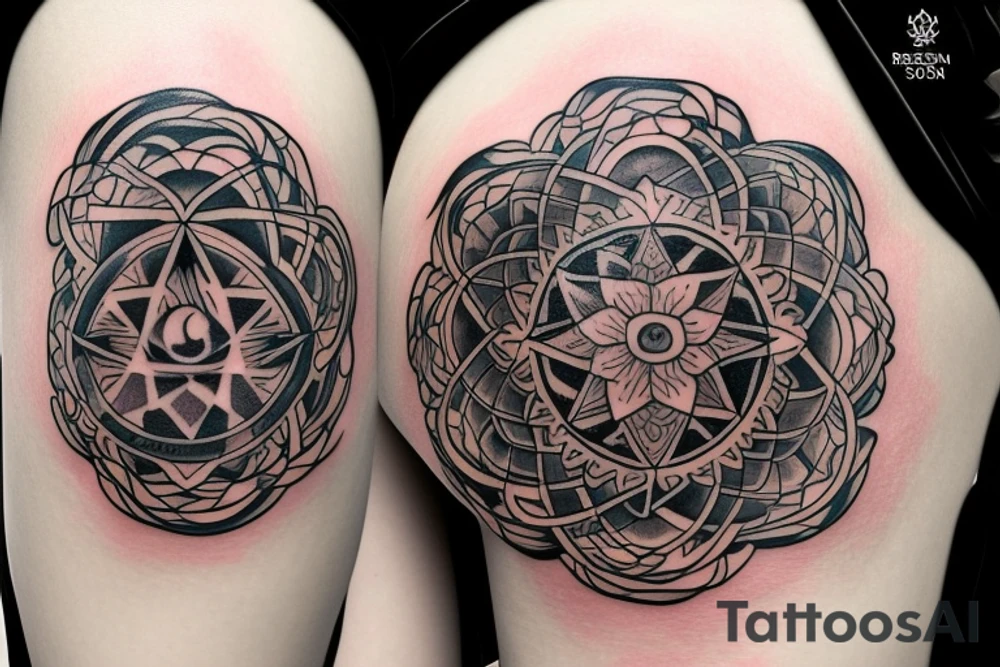 4*4 Tatto Round in shape with Virgo sunsign surronded by two names Reyansh and Kabir tattoo idea