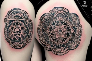 4*4 Tatto Round in shape with Virgo sunsign surronded by two names Reyansh and Kabir tattoo idea
