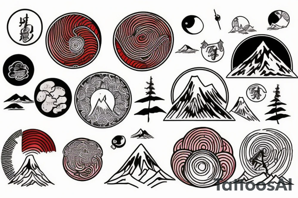 Mountains with red circle tattoo idea