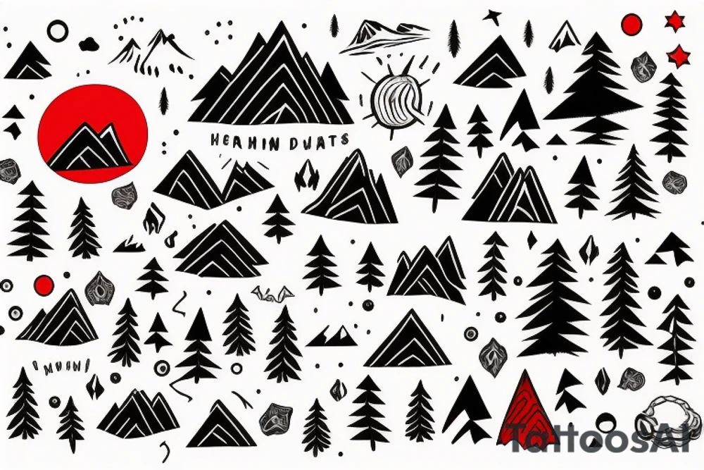 Mountains with red circle tattoo idea