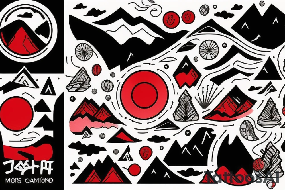 Mountains with red circle tattoo idea