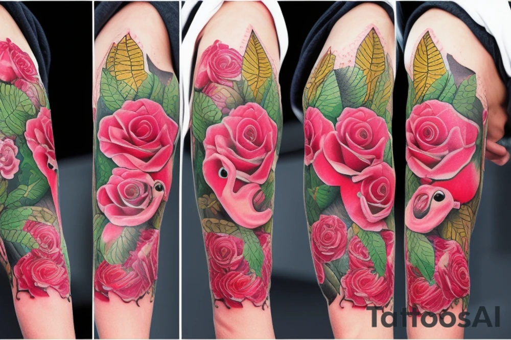 Roses with leaves, flamingo figure and seperately lion face applied on full sleeve tattoo idea