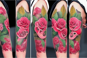 Roses with leaves, flamingo figure and seperately lion face applied on full sleeve tattoo idea