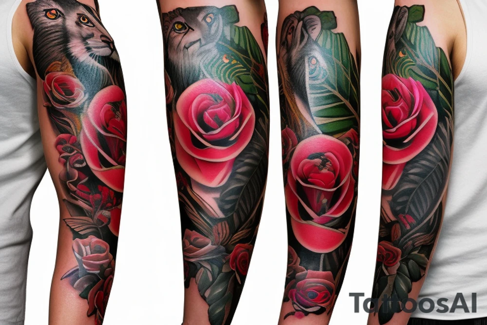 Roses with leaves, flamingo figure and seperately lion face applied on full sleeve tattoo idea