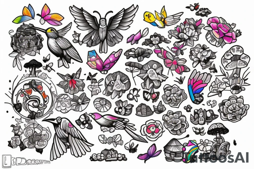 Sketch a tattoo for me. I love lego and mushrooms and pretty cars and birds, especially hummingbirds, and butterflies and rainbows and unicorns. Make the tattoo as colorful as possible. tattoo idea