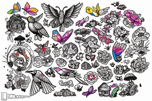 Sketch a tattoo for me. I love lego and mushrooms and pretty cars and birds, especially hummingbirds, and butterflies and rainbows and unicorns. Make the tattoo as colorful as possible. tattoo idea