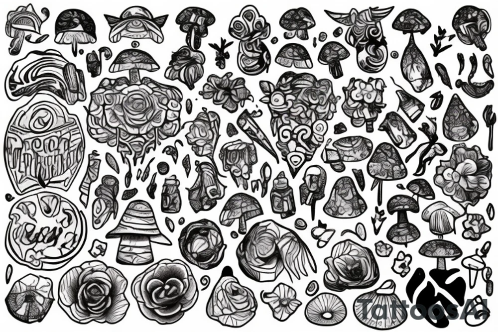 Sketch a tattoo for me. I love lego and mushrooms and pretty cars and birds, especially hummingbirds, and butterflies and rainbows and unicorns and crystals and my 2 calico cats. I’m nonbinary and autistic and chronically I’ll. Make the tattoo as colorful as possible. tattoo idea