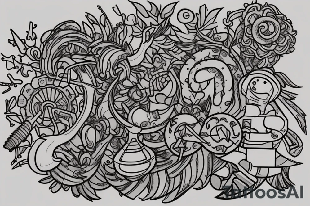 Sketch a tattoo for me. I love lego and mushrooms and pretty cars and birds, especially hummingbirds, and butterflies and rainbows and unicorns and crystals and my 2 calico cats. I’m nonbinary and autistic and chronically I’ll. Make the tattoo as colorful as possible. tattoo idea