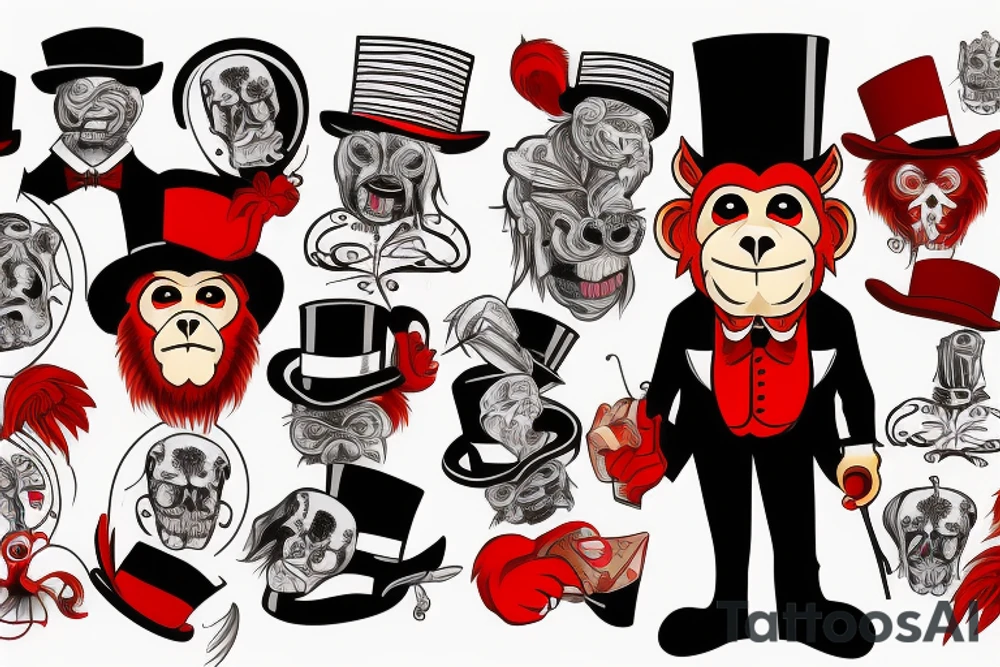 A man in an old outfit with a top hat on his head and a red monkey mask in his hands tattoo idea