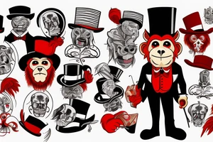 A man in an old outfit with a top hat on his head and a red monkey mask in his hands tattoo idea