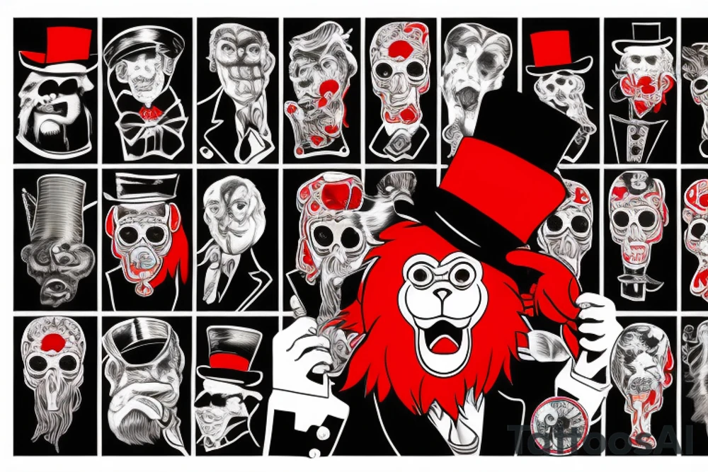 A man in an old outfit with a top hat on his head and a red monkey mask in his hands tattoo idea