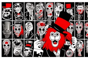 A man in an old outfit with a top hat on his head and a red monkey mask in his hands tattoo idea