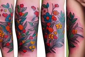 Haribo bear with flowers and leaves on full arm tattoo idea