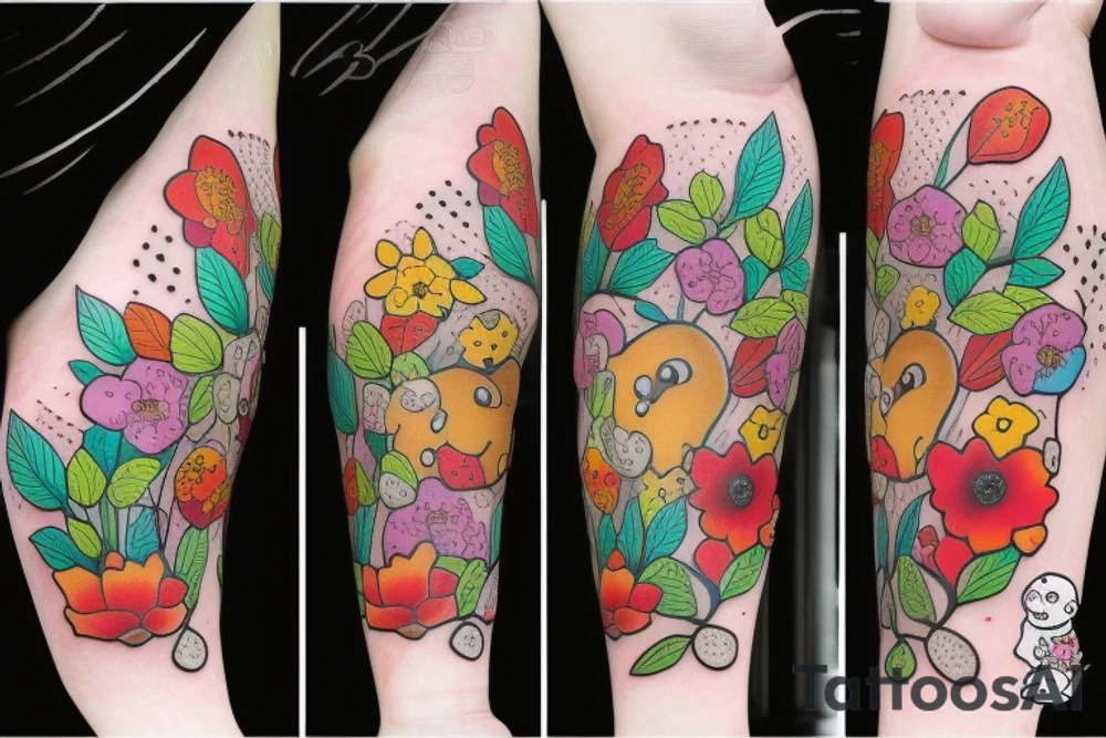 Haribo bear with flowers and leaves on full arm tattoo idea