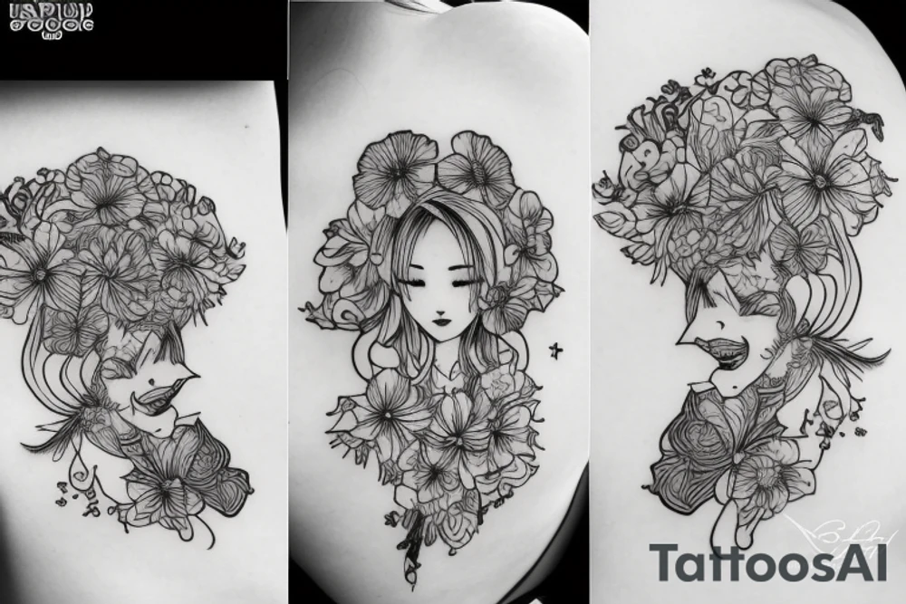 a girl on her knees, instead of her head there's a cosmos tattoo idea