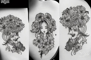 a girl on her knees, instead of her head there's a cosmos tattoo idea