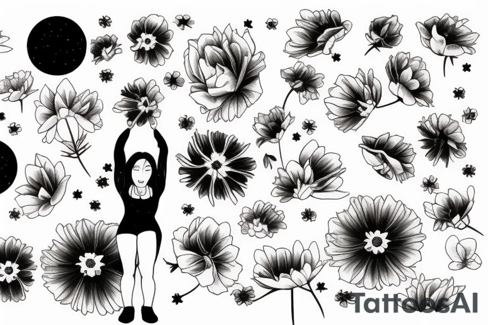 a girl on her knees, instead of her head there's a cosmos tattoo idea