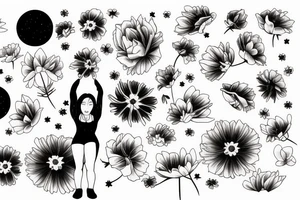 a girl on her knees, instead of her head there's a cosmos tattoo idea