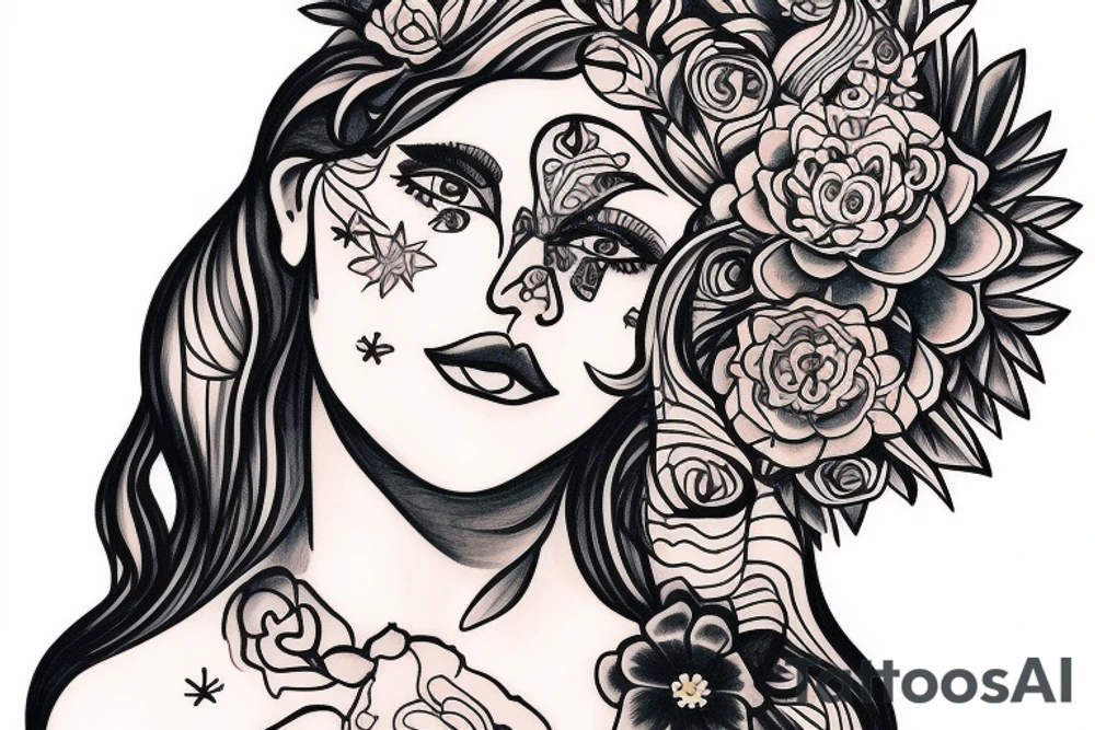 a girl on her knees, instead of her head there's a cosmos tattoo idea