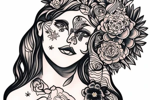 a girl on her knees, instead of her head there's a cosmos tattoo idea
