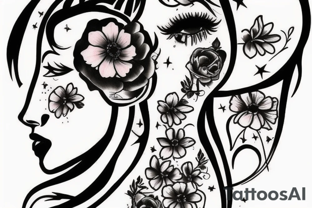 a girl on her knees, instead of her head there's a cosmos tattoo idea