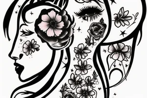 a girl on her knees, instead of her head there's a cosmos tattoo idea