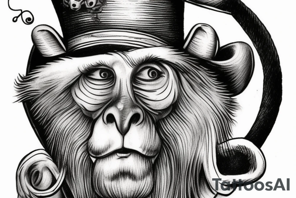 A man in an old outfit with a top hat on his head and a red monkey mask in his hands tattoo idea
