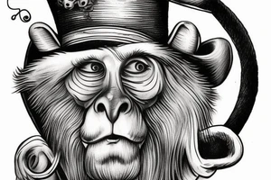 A man in an old outfit with a top hat on his head and a red monkey mask in his hands tattoo idea